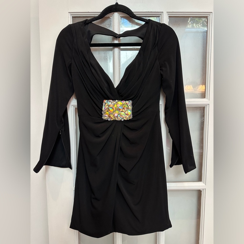 Vintage Mac Duggal Y2K Black Glam Rock Mini Dress Jewel Embellished Size 2 XS